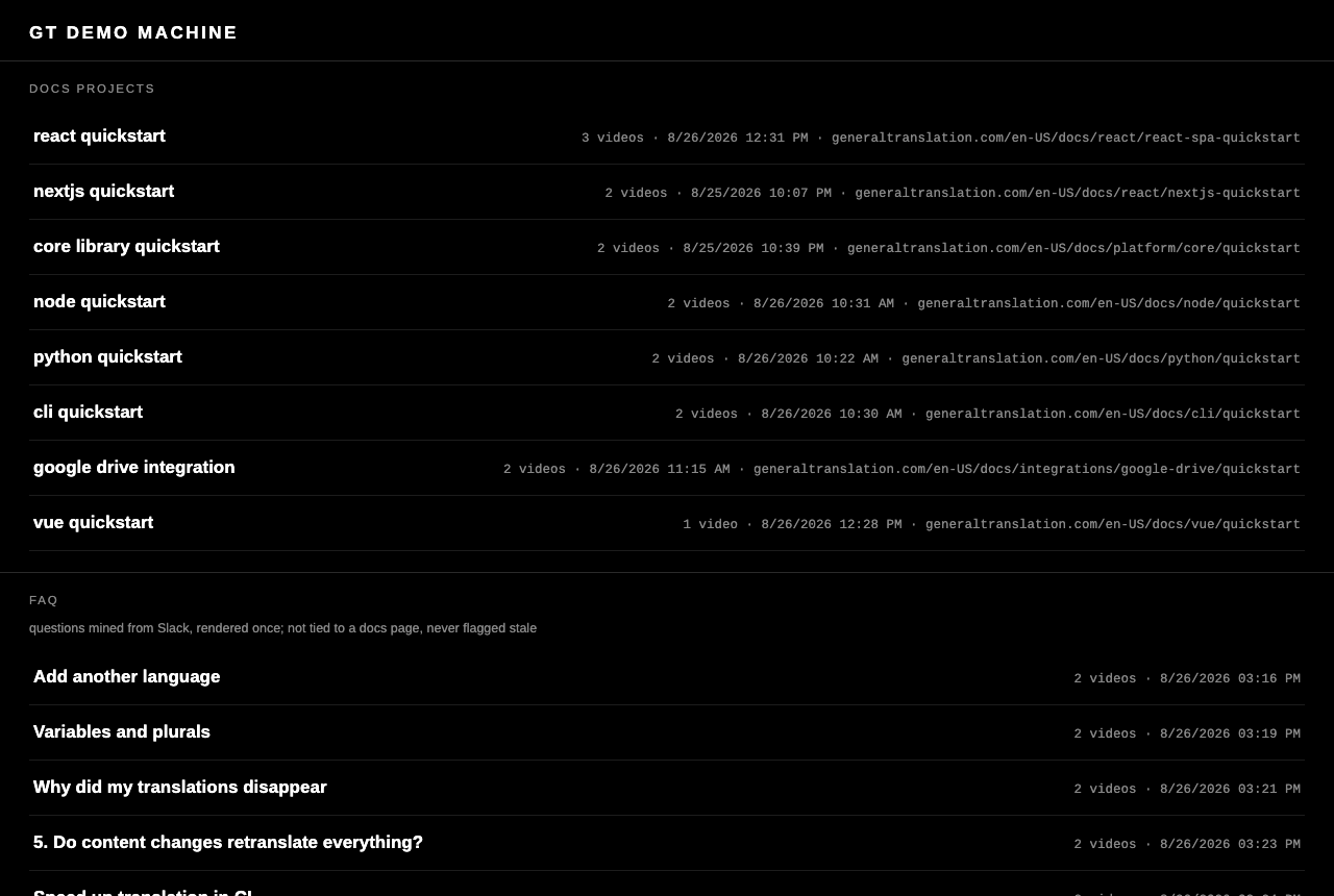 The studio home: every docs page is a project with its render history